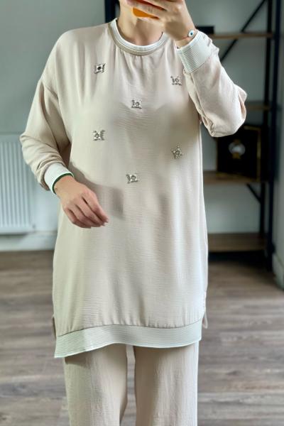 1540Taşlı Ayrobin Kumaş ribanalı takım bej