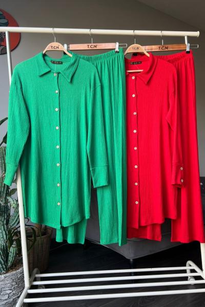 Ahşap düğmeli bürümcük takım kırmızı TCN4044