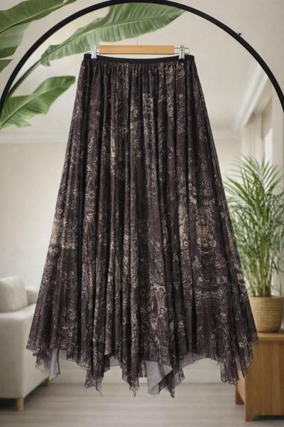 Asimetrik Kesim Astarlı şifon Etek Kahverengi SG2061