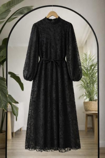 Astarlı fulok İşlemeli Elbise Siyah EF 8080