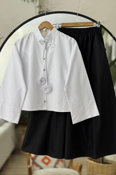 Bağcık Gül Detaylı Kısa gömlek Beyaz TB8519