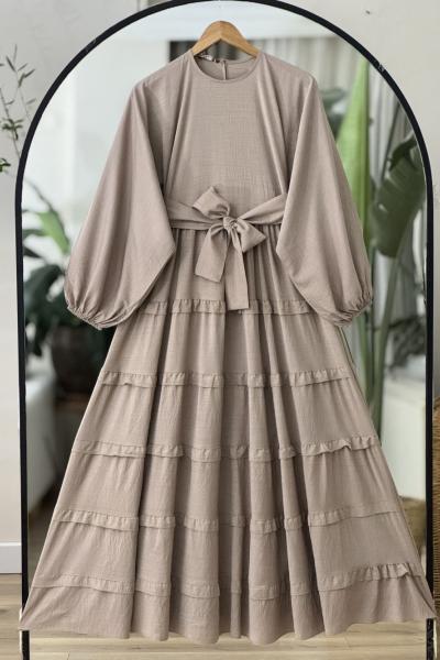 Balonkol kuşaklı Etek fırfırlı Elbise Büsküvi UMS50280