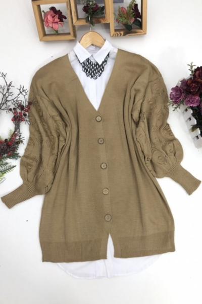 Balonkol kol örgülü Triko Hırka camel SLT1292