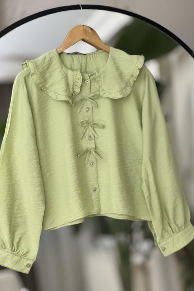 Bebe yaka fırfırlı fiyonk Detaylı Gömlek Yeşil NW6052