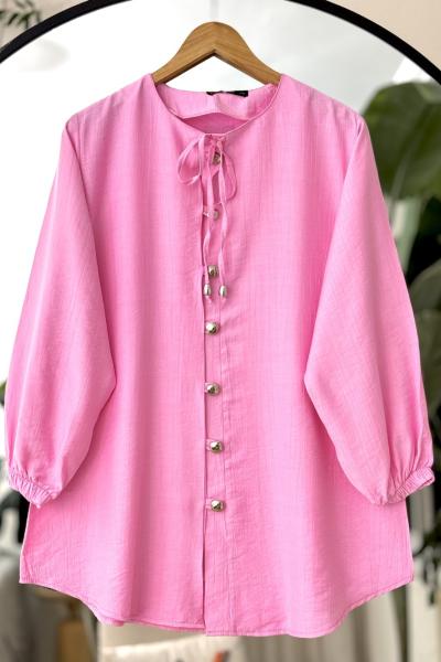 Bisiklet yaka bağcıklı metal Düğmeli tunik Pembe TCN4095