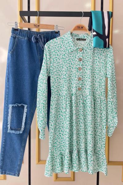 Bürümçük kumaş papatya desen tunik Mint TCN1566