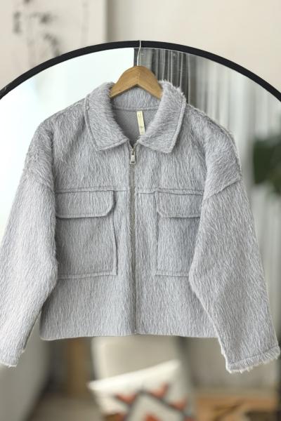 Cepli fermuarlı Pelüş Kısa ceket Gri TB8030