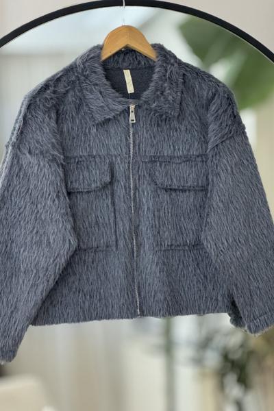 Cepli fermuarlı Pelüş Kısa ceket Antrasit TB8030