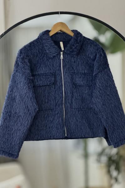 Cepli fermuarlı Pelüş Kısa ceket Lacivert TB8030