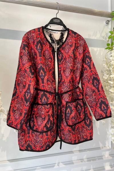 Cepli Kuşaklı Desenli Kapitone ceket hırka Bordo UMS50317