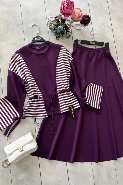 Çizgili Etek Blüz Takım Mor UMS50114