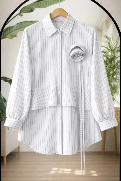 Çizgili gül kuşak Detaylı Tunik Beyaz BK9067