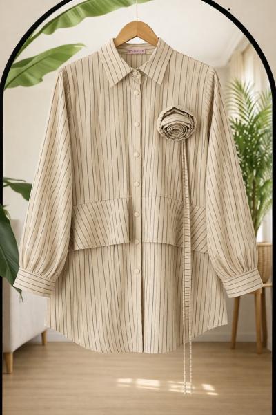 Çizgili gül kuşak Detaylı Tunik Bej BK9067