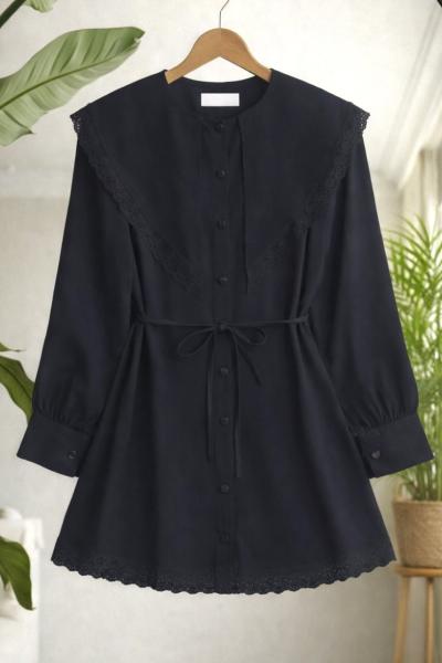 Dantel detaylı büyük yakalı Tunik Gömlek Siyah BK9566