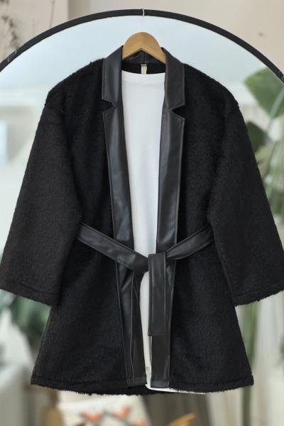 Deri kemerli Sakallı kimono Siyah TB8032