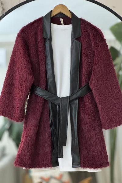 Deri kemerli Sakallı kimono Bordo TB8032