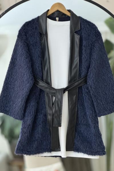 Deri kemerli Sakallı kimono Lacivert TB8032