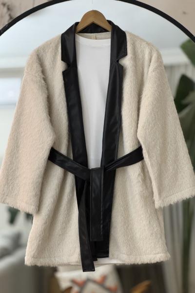 Deri kemerli Sakallı kimono Bej TB8032
