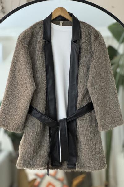 Deri kemerli Sakallı kimono Vizon TB8032