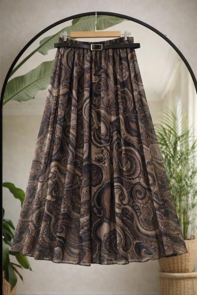 Deri kemerli astarlı şifon etek Kahve UMS50343