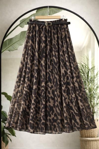Deri kemerli astarlı şifon etek leopar UMS50343