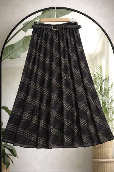 Deri kemerli astarlı asimetrik desenli şifon etek siyah UMS50344