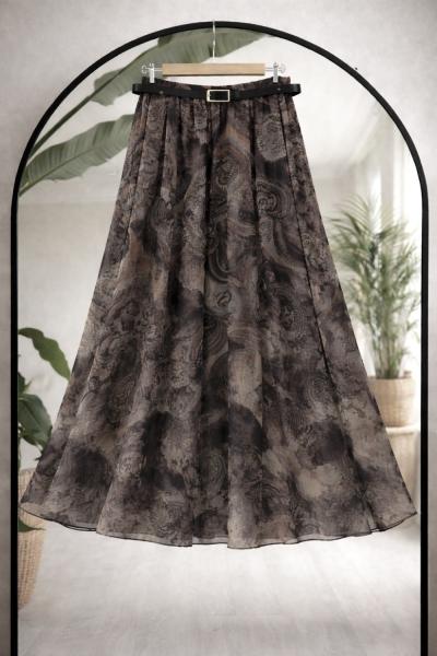 Deri kemerli astarlı asimetrik desenli şifon etek Kahverengi UMS50345