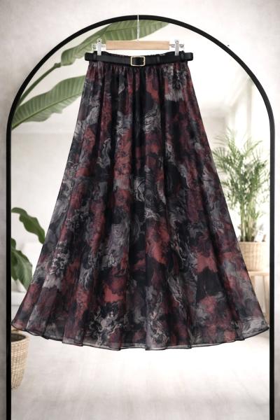Deri kemerli astarlı asimetrik desenli şifon etek Bordo UMS50345