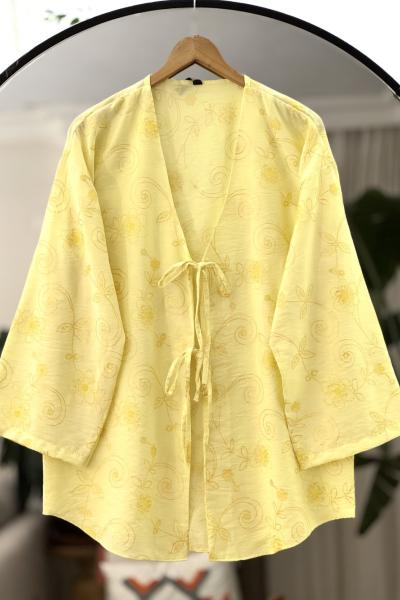 Desenli bağcıklı Kimono Sarı SLT30357