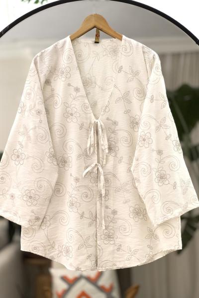 Desenli bağcıklı Kimono Beyaz SLT30357