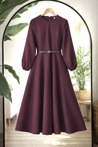 Dikiş detaylı Derikemerli kiloş elbise Bordo BK9557