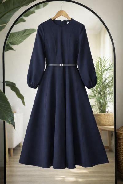 Dikiş detaylı Derikemerli kiloş elbiseLacivert BK9557