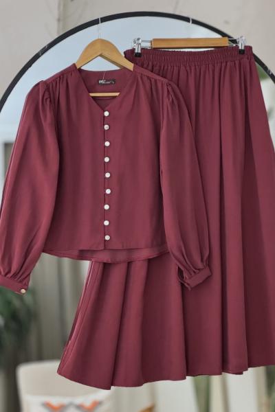 Düğmeli tensel etek blüz takım Bordo UMS50265