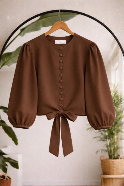 Düğmeli Bağcıklı kısa gömlek Kahverengi BK9550