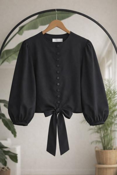 Düğmeli Bağcıklı kısa gömlek Siyah BK9550