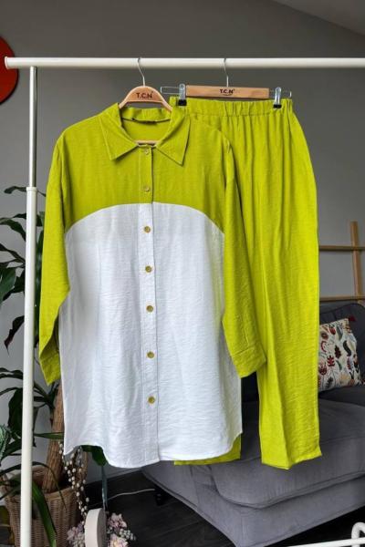 Düğmeli iki renk keten takım Yağyeşil TCN4047