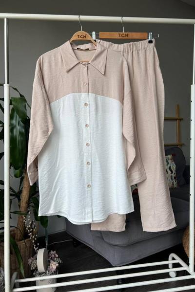 Düğmeli iki renk keten takım bej TCN4047