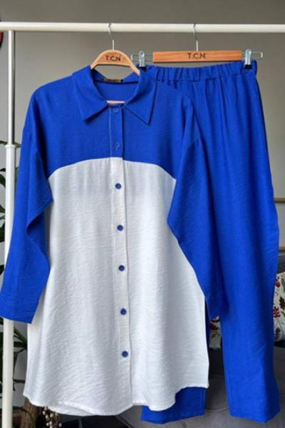 Düğmeli iki renk keten takım mavi TCN4047