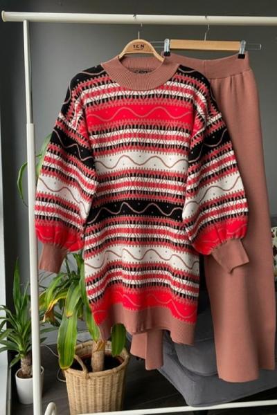 Etnik desen balonkol Triko Takım Gül TCN1330