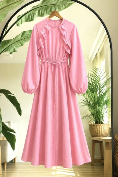 Fırfırlı Bel lastikli elbise Pembe 2085