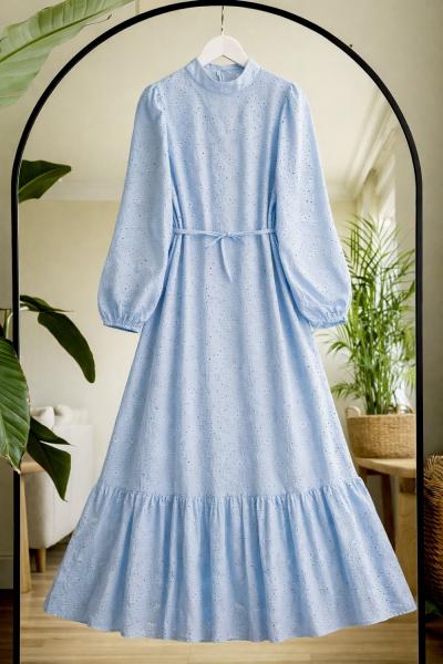 Hakim yaka astarlı eteği fırfırlı elbise bebemavi UMS50347