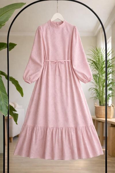 Hakim yaka astarlı eteği fırfırlı elbise Pembe UMS50347