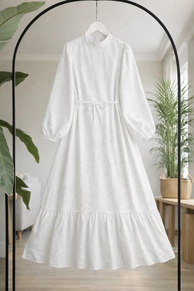 Hakim yaka astarlı eteği fırfırlı elbise Beyaz UMS50347