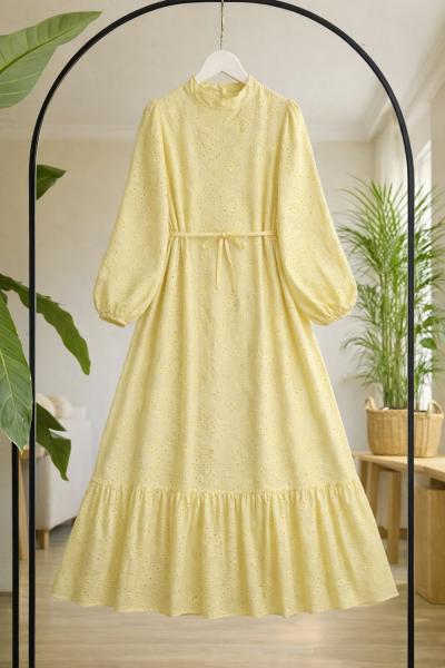 Hakim yaka astarlı eteği fırfırlı elbise Sarı UMS50347