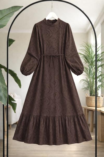 Hakim yaka astarlı eteği fırfırlı elbise Kahverengi UMS50347