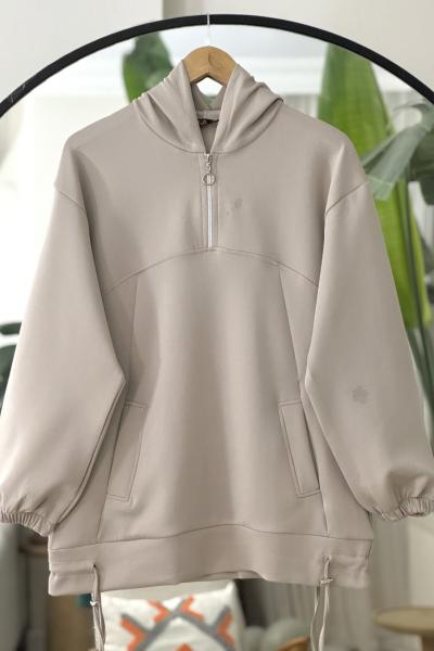 Kapşonlu Yarım fermuarlı ipli Tunik Vizon TCN40120