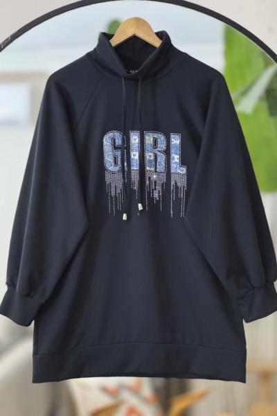 Kapşonlu taşişleme detaylı Tunik Siyah TCN40127