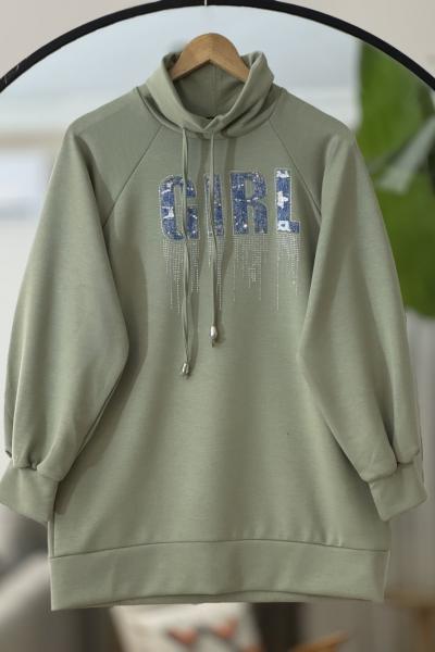 Kapşonlu taşişleme detaylı Tunik Yeşil TCN40127