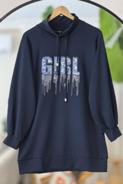 Kapşonlu taşişleme detaylı Tunik Lacivert TCN40127