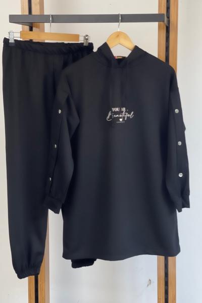 Kapşonlu Kol çıtçıtlı Takım Siyah SLT30114